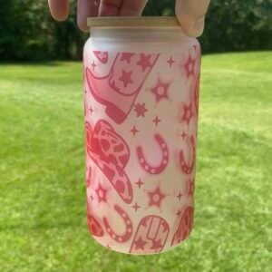 Pink Cowgirl 16oz Frosted Glass